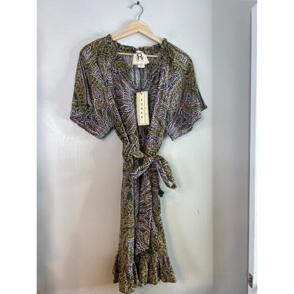 NWT Figue Cleo Silk Ruffle Neck Belted Mini Dress Medallion Multi Spruce Large - Picture 2 of 8